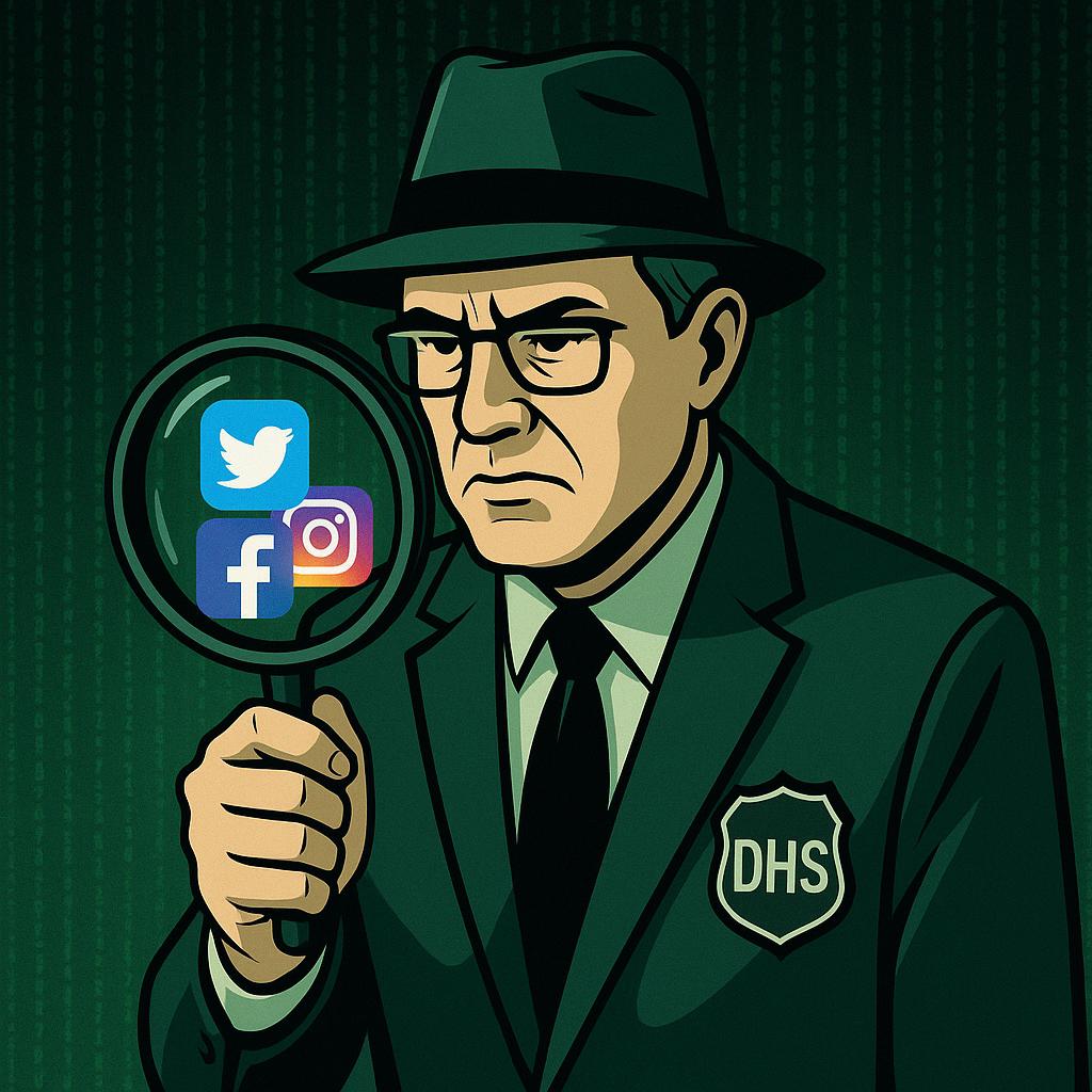 Illustration of a stern DHS agent holding a magnifying glass over the Twitter, Facebook and Instagram icons.
