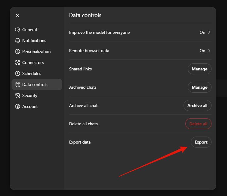 ChatGPT’s Data controls settings pane with a red arrow pointing at the Export button beside Export data