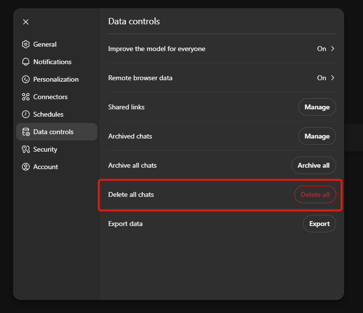 ChatGPT’s Data controls settings pane with the Delete all chats row outlined in red and its red Delete all button