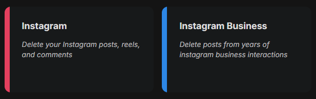 Redact's site list, with the Instagram card being clicked next to the separate Instagram Business card