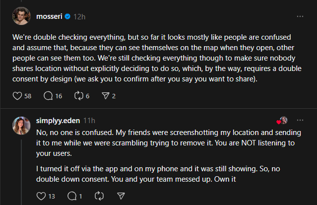 Post from mosseri saying people are confused by the map, and a reply saying location still showed after being turned off
