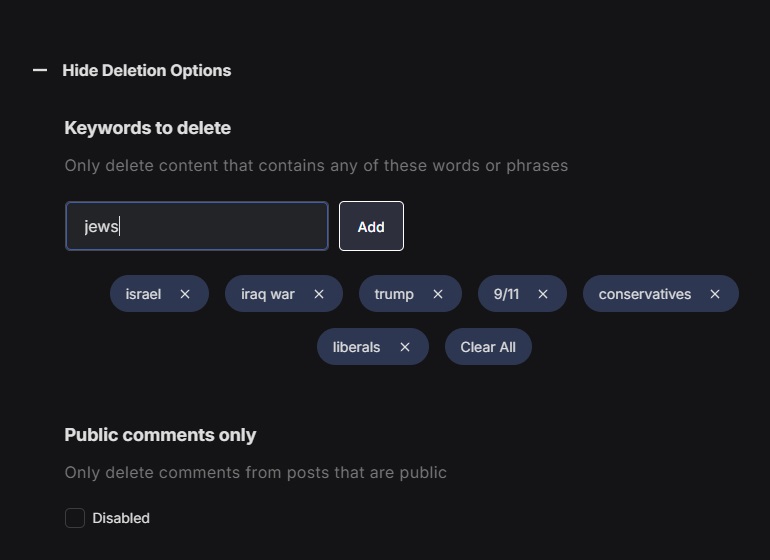 Redact’s “Keywords to delete” field with political terms such as israel, iraq war, trump, 9/11, conservatives and liberals added.