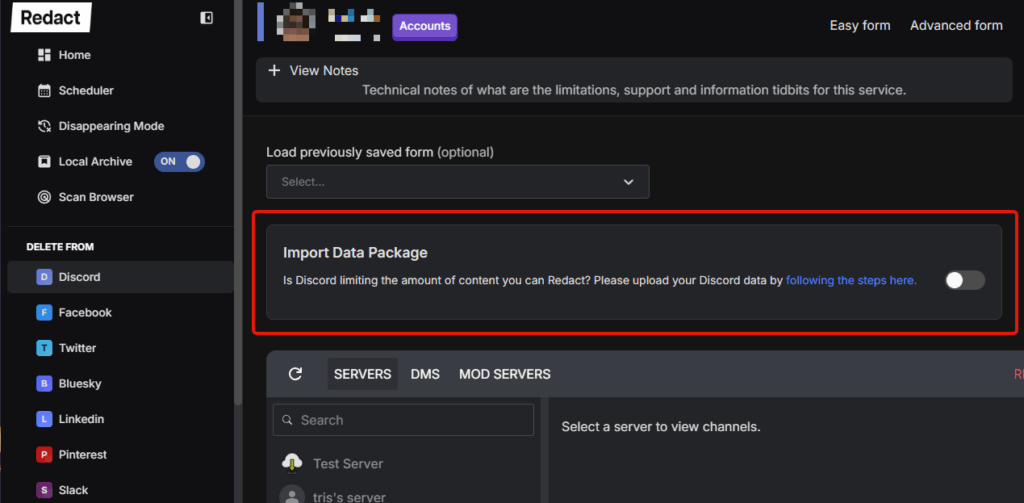 Redact's Data Import screen for handling very large Discord account histories