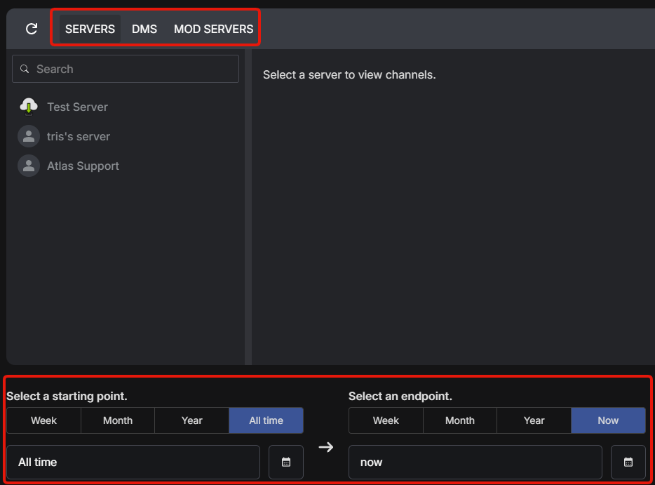Redact's location selector for choosing between servers, DMs, and mod servers