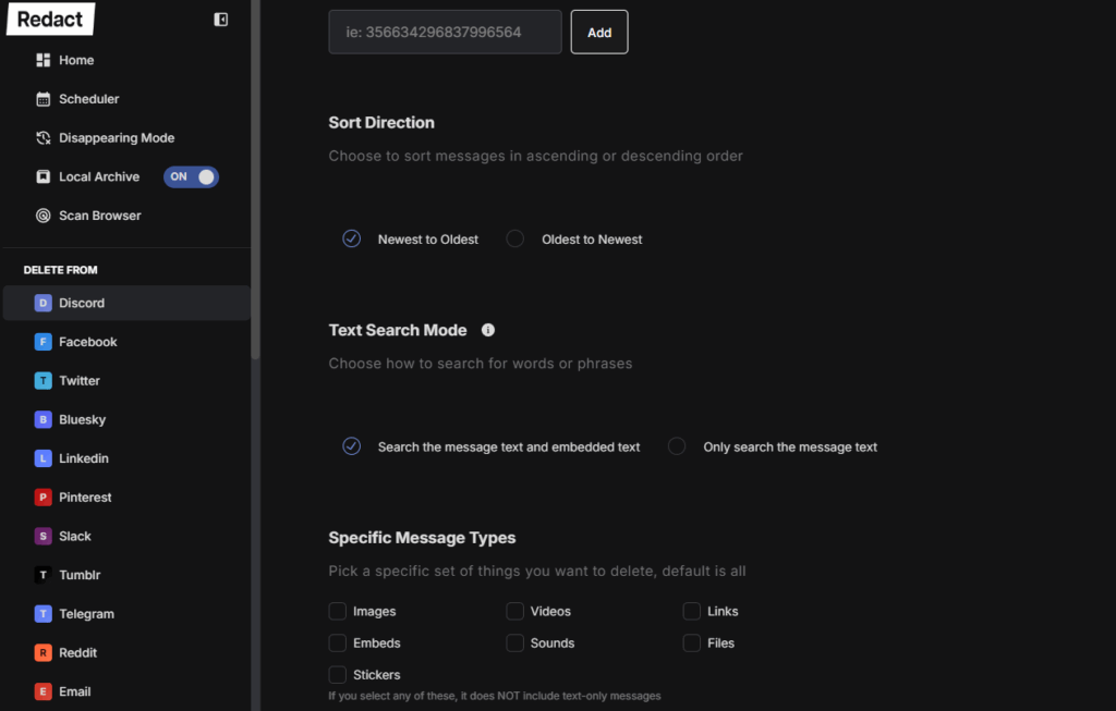 Redact's Easy form for Discord showing location targeting and date range options