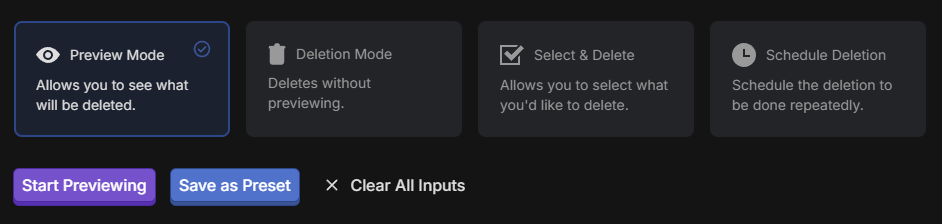 Redact's four deletion mode buttons: Preview Mode, Deletion Mode, Select and Delete, and Schedule