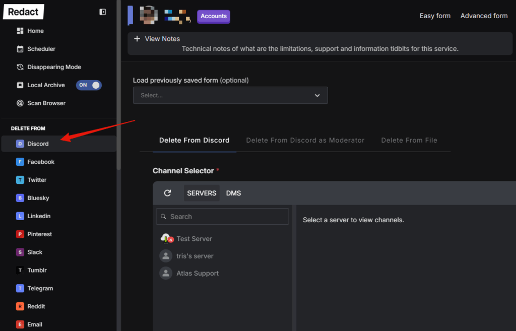 Selecting Discord from the service list in the Redact app sidebar