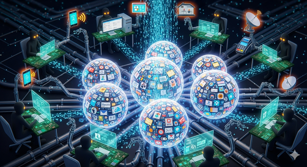 Illustration of shadowy operators at terminals piping app and social media data through pipelines into glowing spheres of icons.