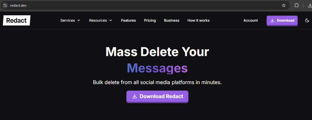 The redact.dev homepage headlined Mass Delete Your Messages, with a Download Redact button