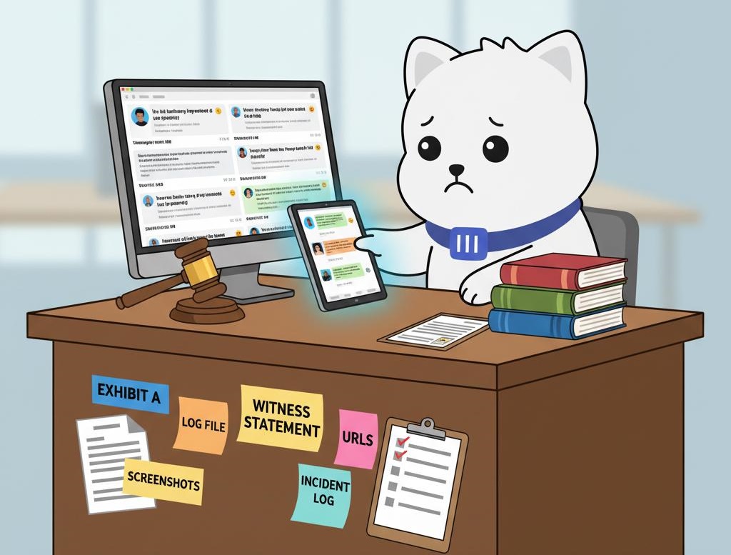 Cartoon cat at a desk of harassment evidence: a gavel, on-screen screenshots, and notes labelled Exhibit A and Incident Log