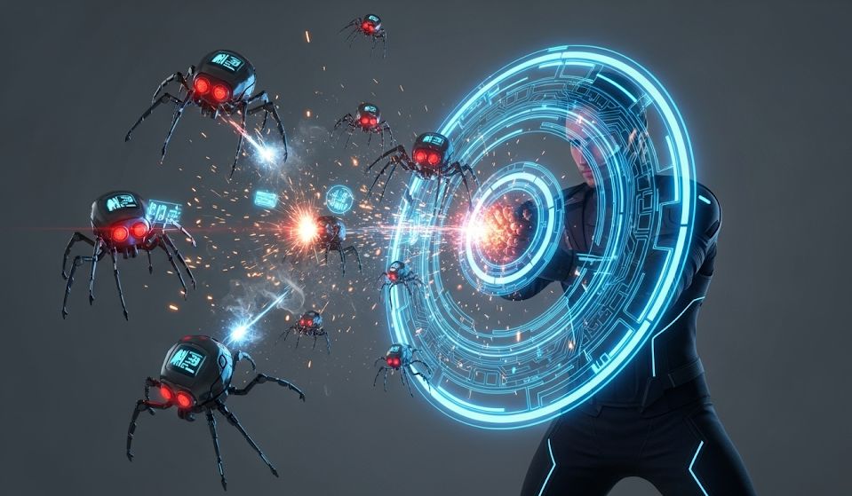 Illustration of a person raising a glowing energy shield to deflect a swarm of robotic data-harvesting spiders.
