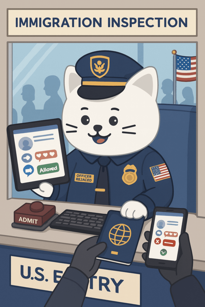 Illustration of a cat immigration officer at a U.S. entry booth reviewing a traveller's passport and social media feeds