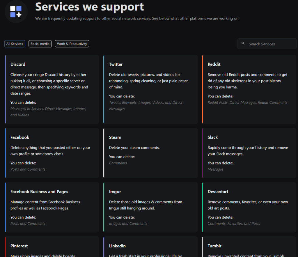 Redact's Services we support grid with cards for Discord, Twitter, Reddit, Facebook, Steam, Slack and more