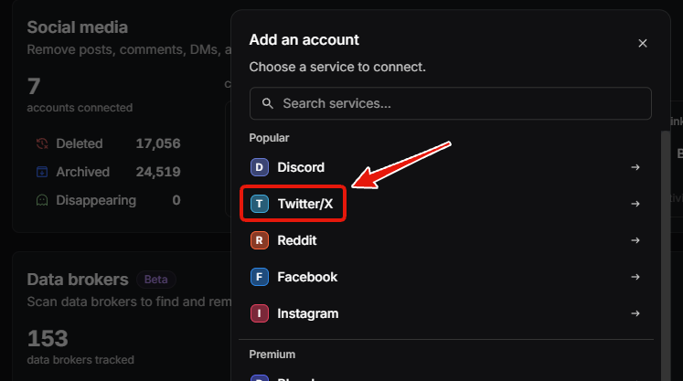 Redact's Add an account dialog with Twitter/X highlighted among Discord, Reddit, Facebook and Instagram
