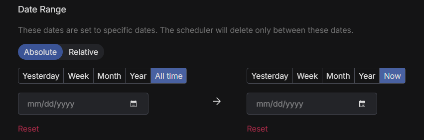 Date Range filter with Absolute and Relative tabs, currently spanning All time to Now, plus two date fields