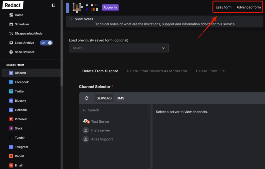The Easy form and Advanced form toggle in the top right of Redact's Discord configuration screen