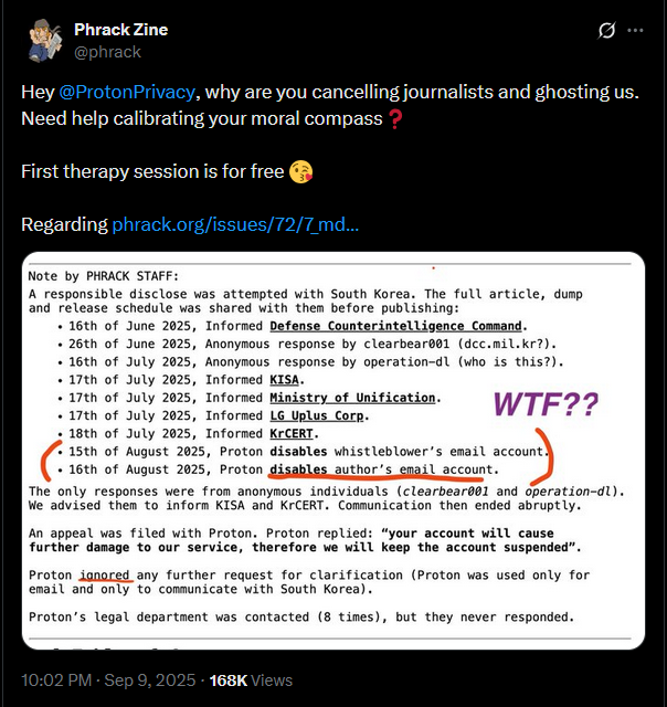 Phrack's post on X asking @ProtonPrivacy why it is cancelling journalists and ghosting them, with the annotated timeline attached