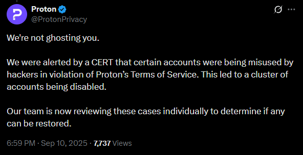 Proton's reply on X saying it is not ghosting Phrack, that a CERT flagged misused accounts, and that cases are being reviewed individually