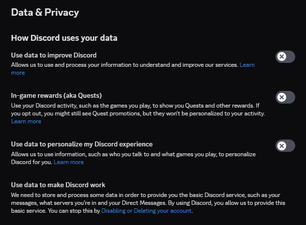 Discord’s Data & Privacy panel with the toggles for improving Discord, In-game rewards (aka Quests) and personalization all switched off.