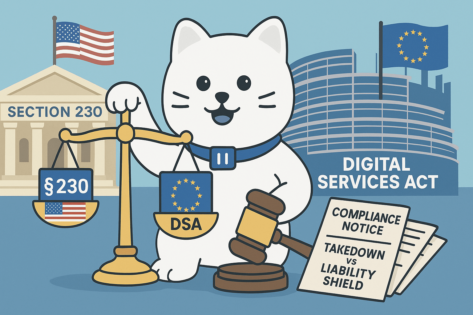 The Redacto cat holding scales that weigh the U.S. Section 230 against the EU’s Digital Services Act, beside a gavel and a takedown vs liability shield compliance notice