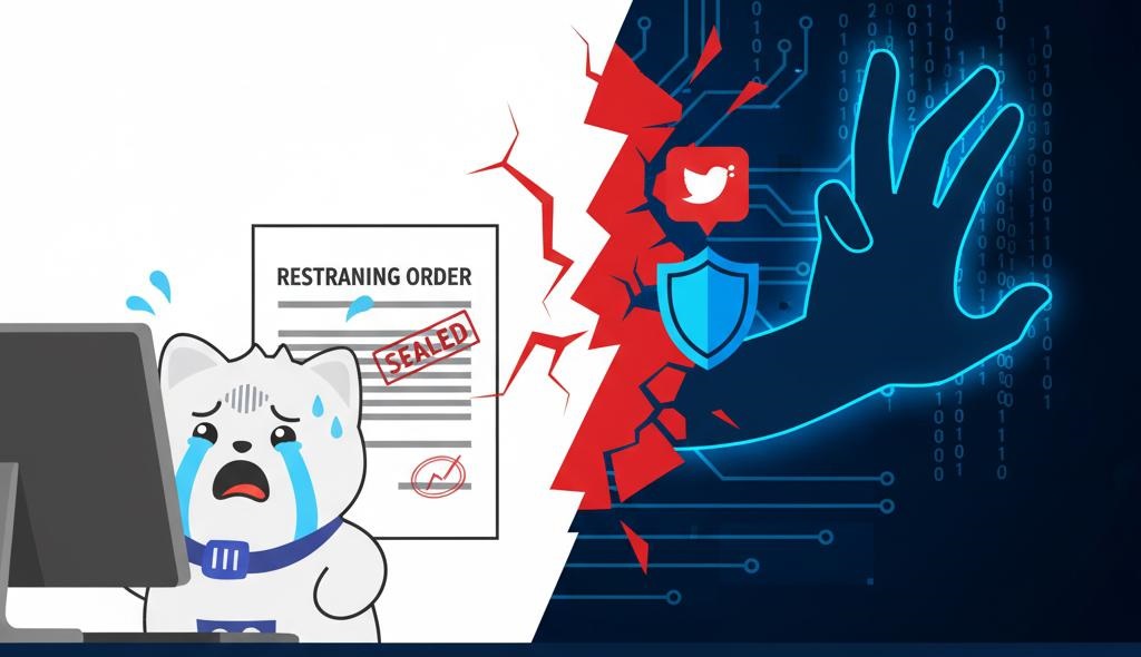 Cartoon of a sealed restraining order cracking apart as a glowing hand reaches through toward a social media alert