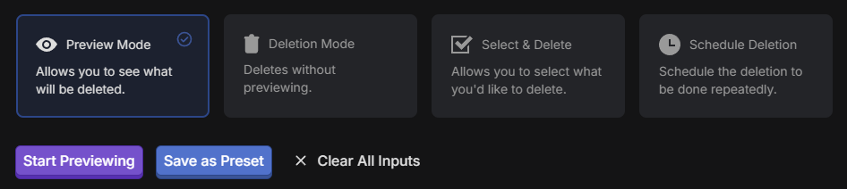 The four run modes side by side: Preview Mode selected, Deletion Mode, Select & Delete and Schedule Deletion