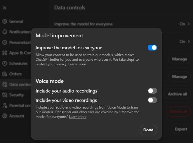 ChatGPT's Data controls settings with the Model improvement dialog open and Improve the model for everyone switched on