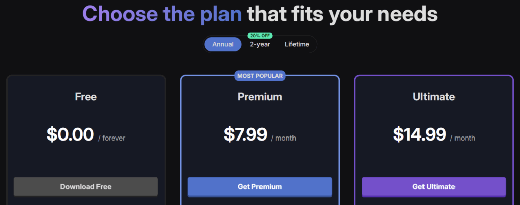 Annual pricing tiers: Free at $0.00 forever, Premium at $7.99 a month marked most popular, and Ultimate at $14.99 a month