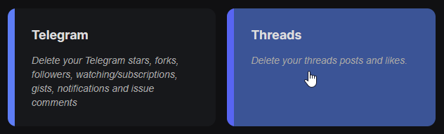 Redact’s service list with the cursor on the Threads card, which reads “Delete your threads posts and likes”.