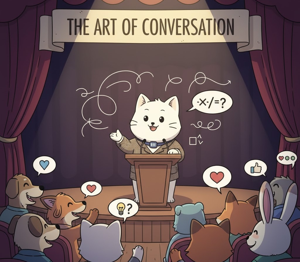 Cartoon cat at a podium under a banner reading “The Art of Conversation”, facing an animal audience full of reaction bubbles.