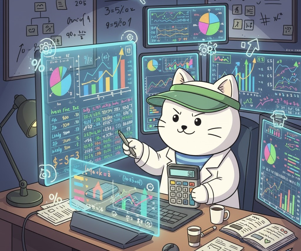 Cartoon cat in a visor and lab coat studying a wall of glowing charts, dashboards and spreadsheets.