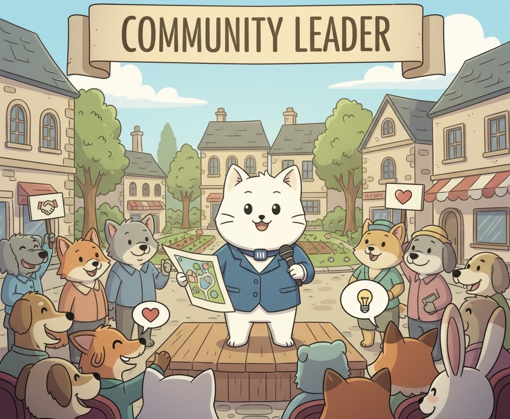 Cartoon cat holding a microphone on a small stage under a “Community Leader” banner, surrounded by a crowd of animals.