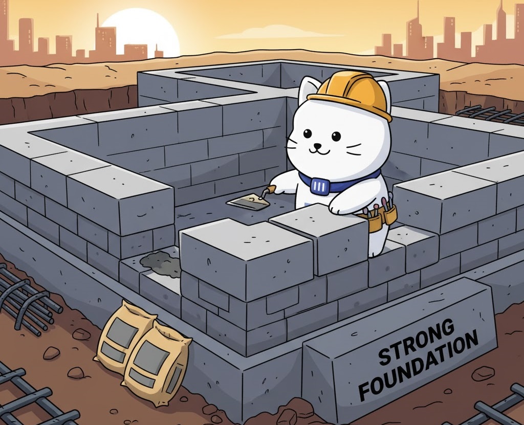 Cartoon cat in a hard hat laying concrete blocks, next to a slab reading “Strong Foundation”.