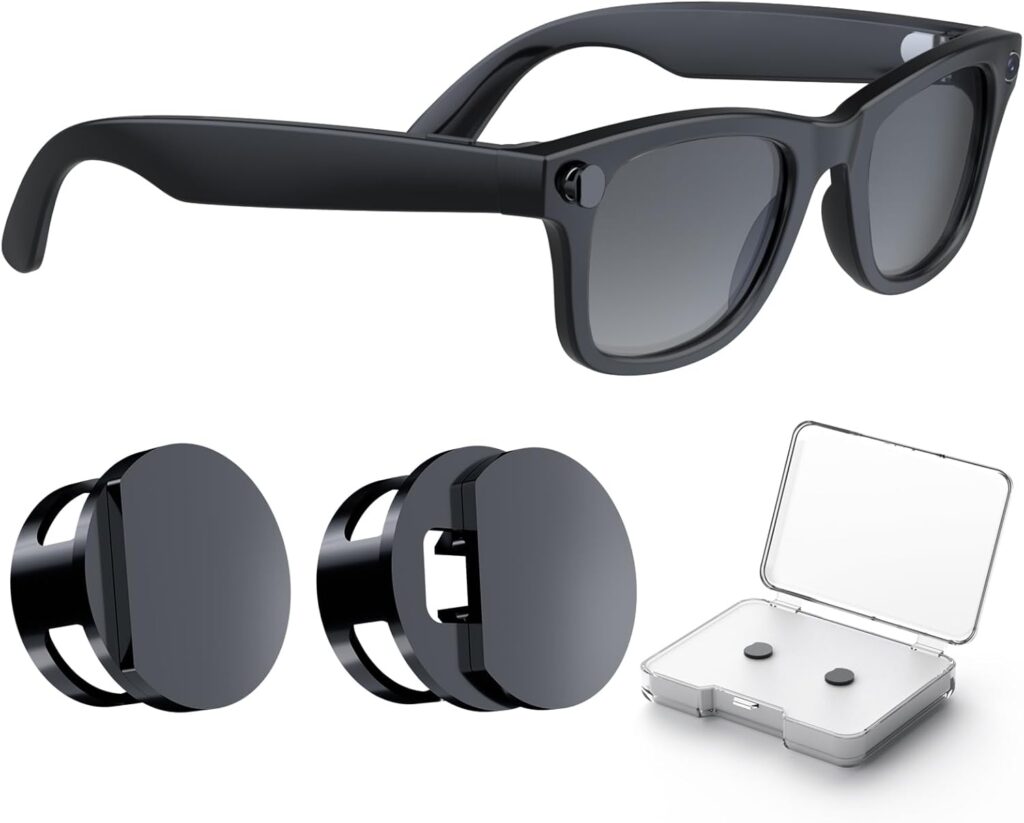Product photo of Ray-Ban style Meta smart glasses beside two black stick-on privacy light blockers and their case