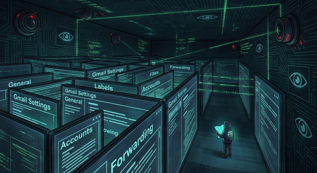 A lone figure holding a map, lost in a maze of Gmail Settings panels labelled General, Labels, Accounts and Forwarding