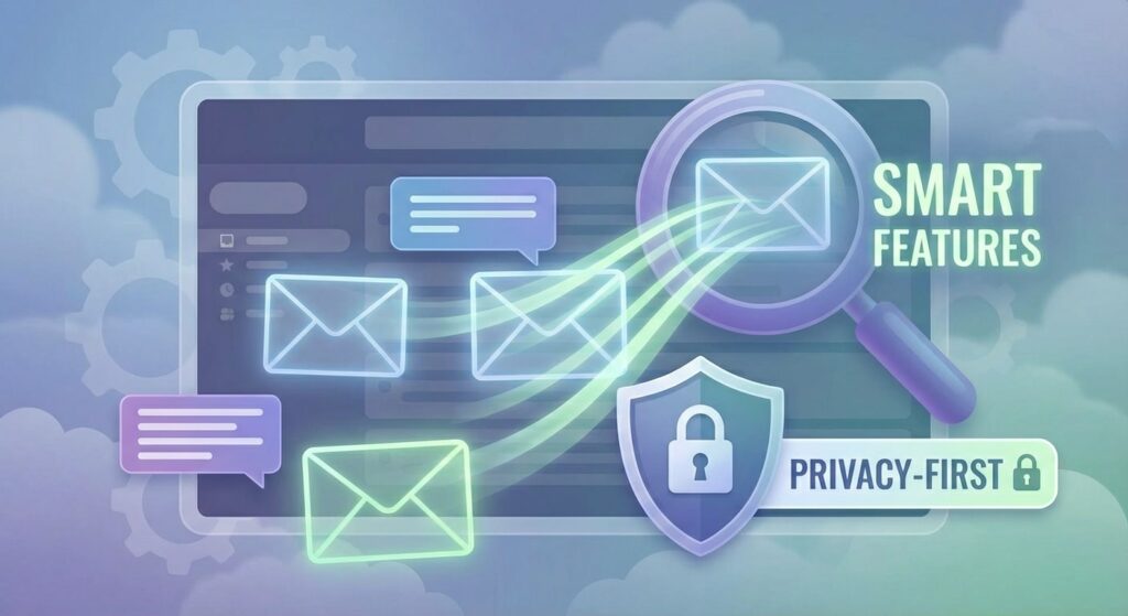 A magnifying glass scanning envelopes over an inbox, labelled Smart Features and Privacy-First