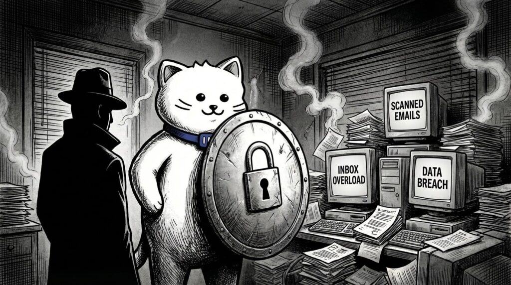 Noir cartoon cat with a padlock shield guarding monitors labelled Scanned Emails, Inbox Overload and Data Breach