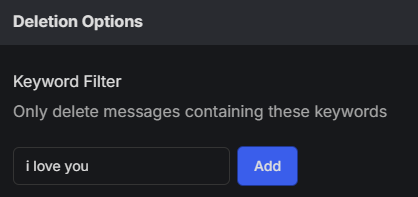 Redact’s Keyword Filter under Deletion Options, with the phrase “i love you” typed in ready to add
