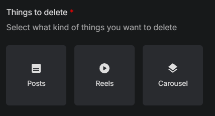 Things to delete tiles (Posts, Reels, Carousel) with Reels being ticked