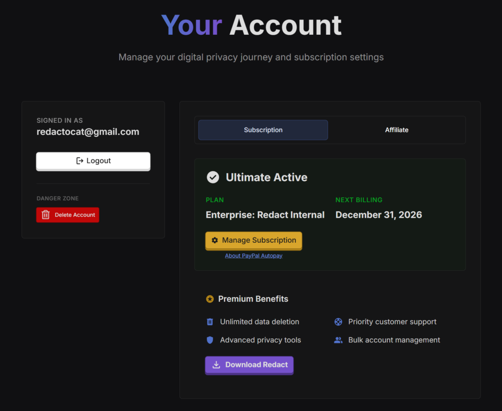 The Your Account page, with the red Delete Account button under Danger Zone in the left sidebar