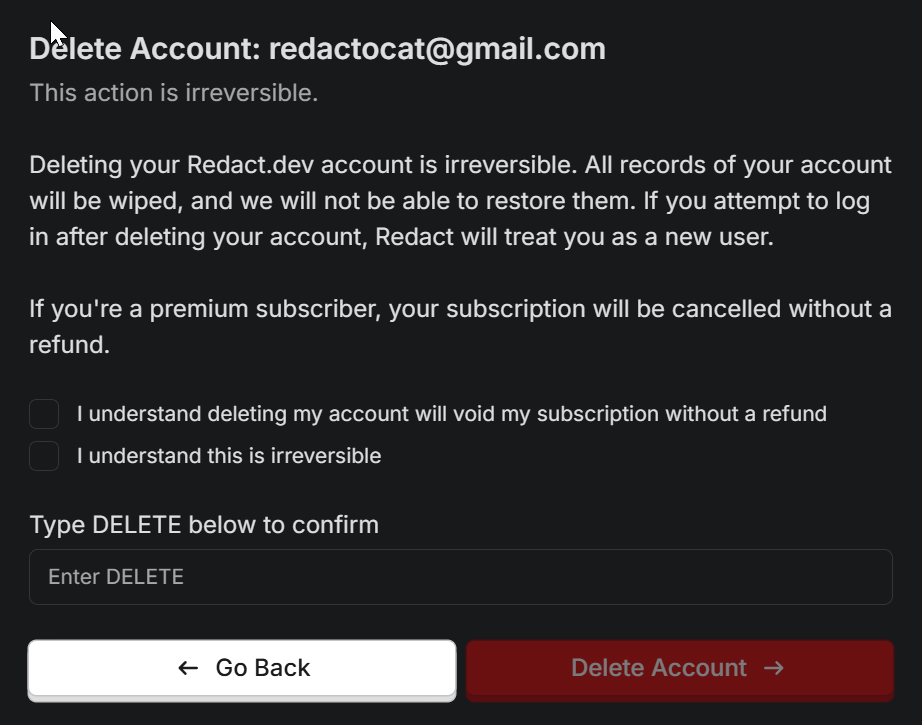 The Delete Account confirmation dialog, with both acknowledgement boxes ticked and DELETE typed into the confirm field