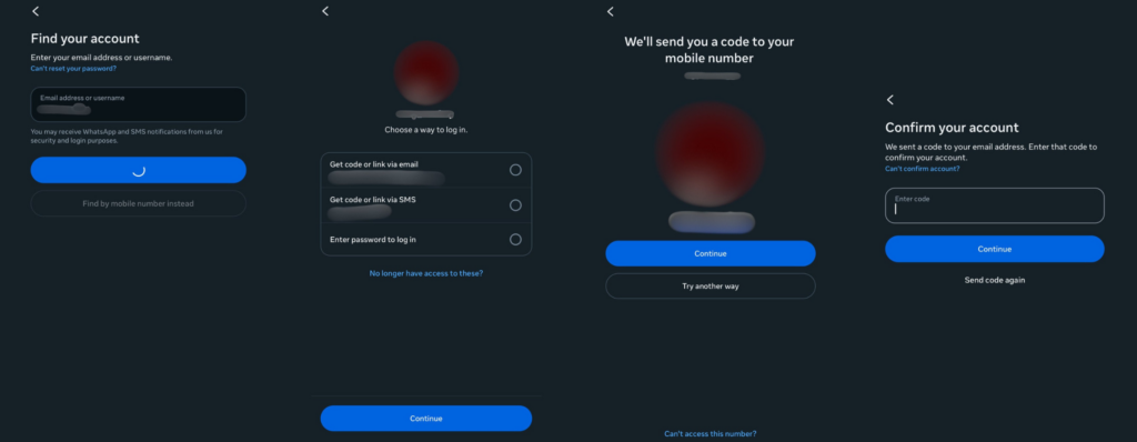 Four Instagram recovery screens in sequence: find your account, choose email or SMS, send a code by SMS, then confirm the code.