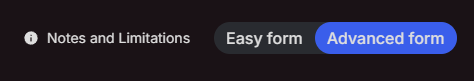 The Easy form and Advanced form toggle at the top right of Redact’s Instagram page, set to Advanced form