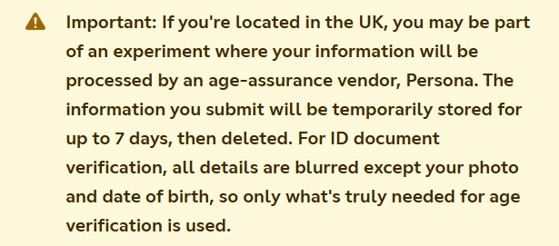 Discord's support page disclaimer describing the Persona age assurance experiment for UK users
