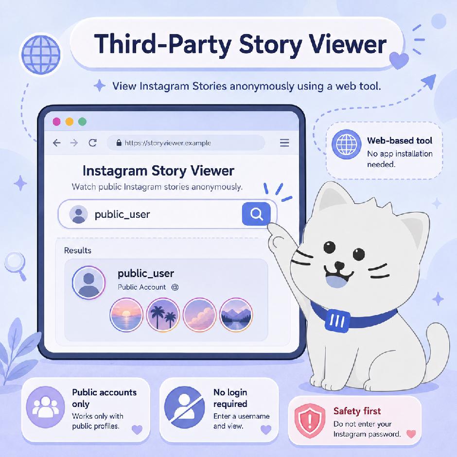 Illustration of a browser-based Story viewer with a public username searched and that profile’s Stories listed