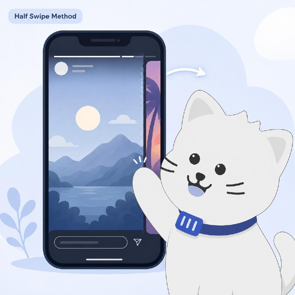 Illustration of a cat dragging an Instagram Story sideways on a phone, holding the next Story only half open
