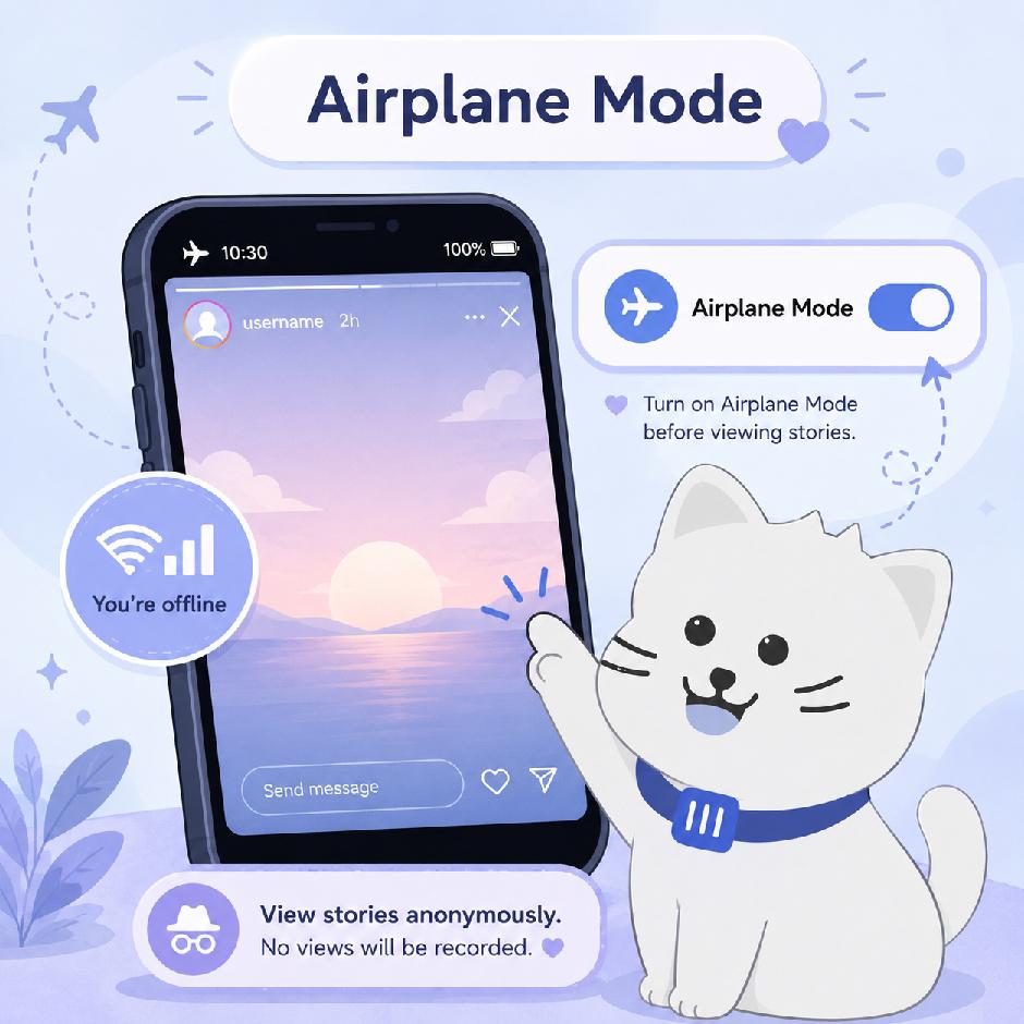Illustration of a cat watching an Instagram Story on a phone with Airplane Mode switched on and an offline badge