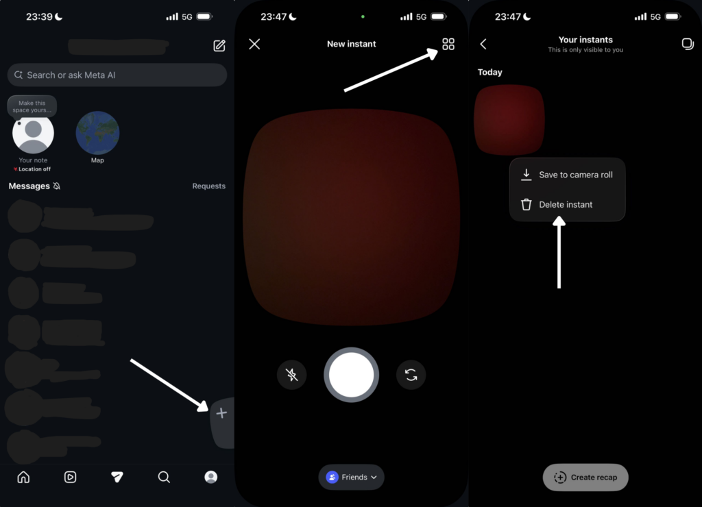 Three Instagram screens: the inbox, the New instant camera, and the Your instants archive with Delete instant selected