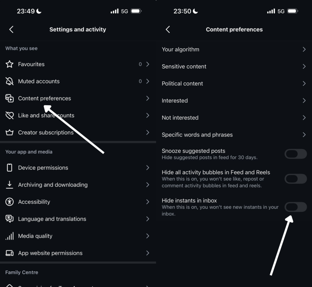 Instagram’s Settings and activity screen pointing to Content preferences, and the Hide instants in inbox toggle