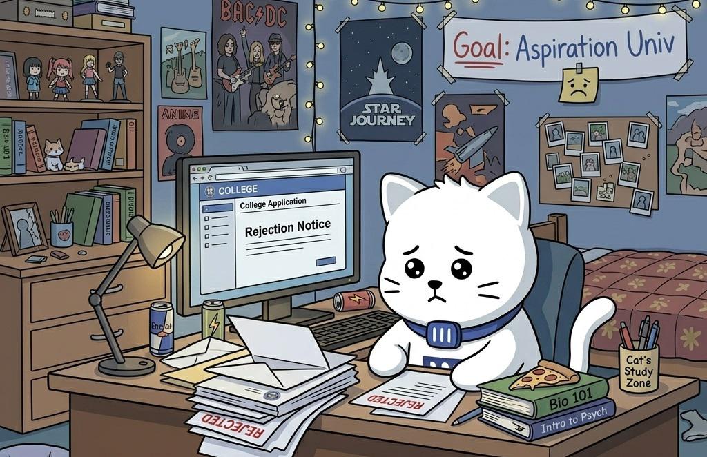 Cartoon cat slumped at a bedroom desk, a college Rejection Notice on the monitor and a stack of REJECTED letters beside it
